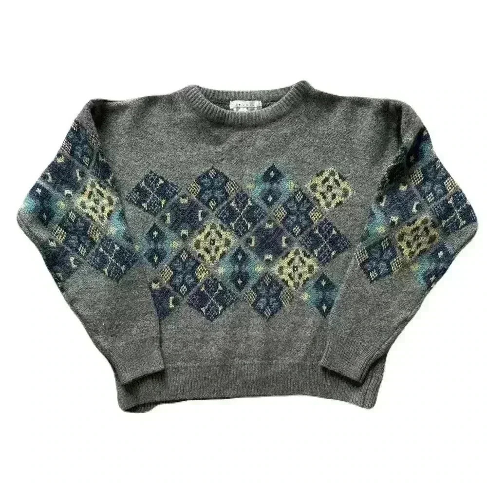 Men's Vintage Reunion Menswear Gray Patterned Wool Sweater Grandmacore Size S